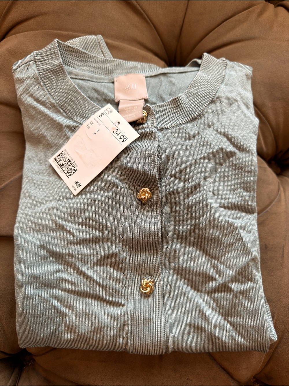 H&M Women's Sage Green Knit Cardigan with Gold Knot Buttons
